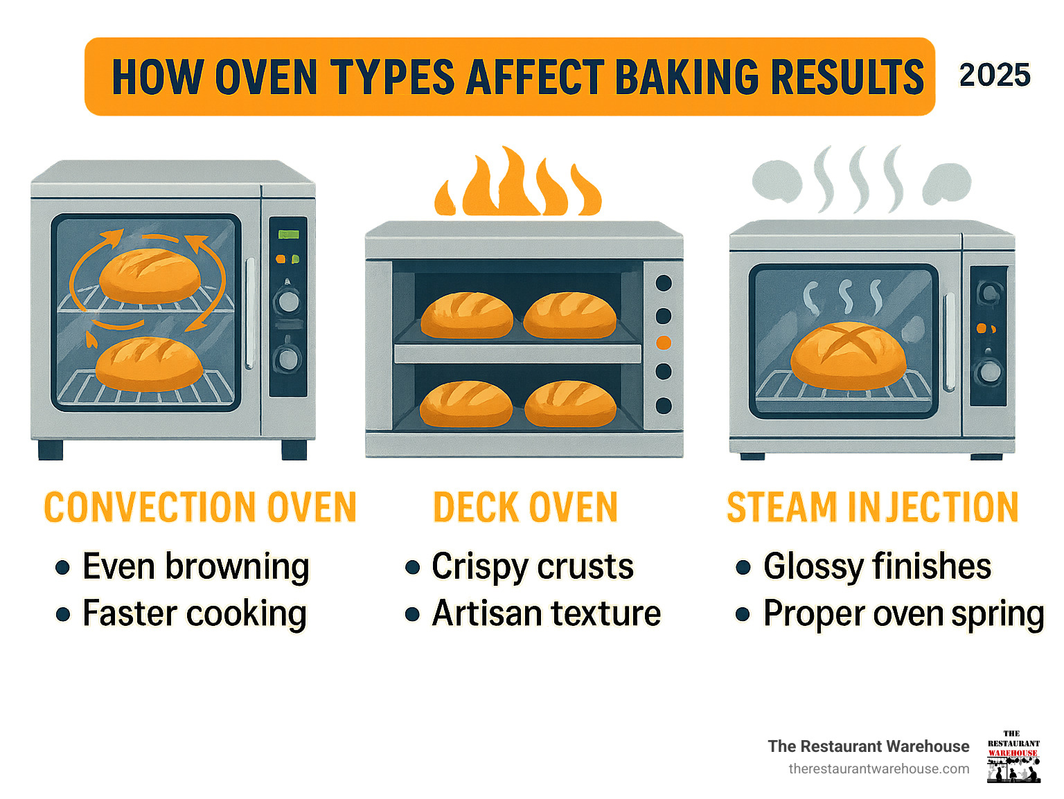 Infographic showing how different oven types affect baking results: convection ovens producing even browning and faster cooking, deck ovens creating crispy crusts and artisan texture, and steam injection systems providing glossy finishes and proper oven spring - bakery ovens commercial infographic Infographic showing how different oven types affect baking results: convection ovens producing even browning and faster cooking, deck ovens creating crispy crusts and artisan texture, and steam injection systems providing glossy finishes and proper oven spring - bakery ovens commercial infographic