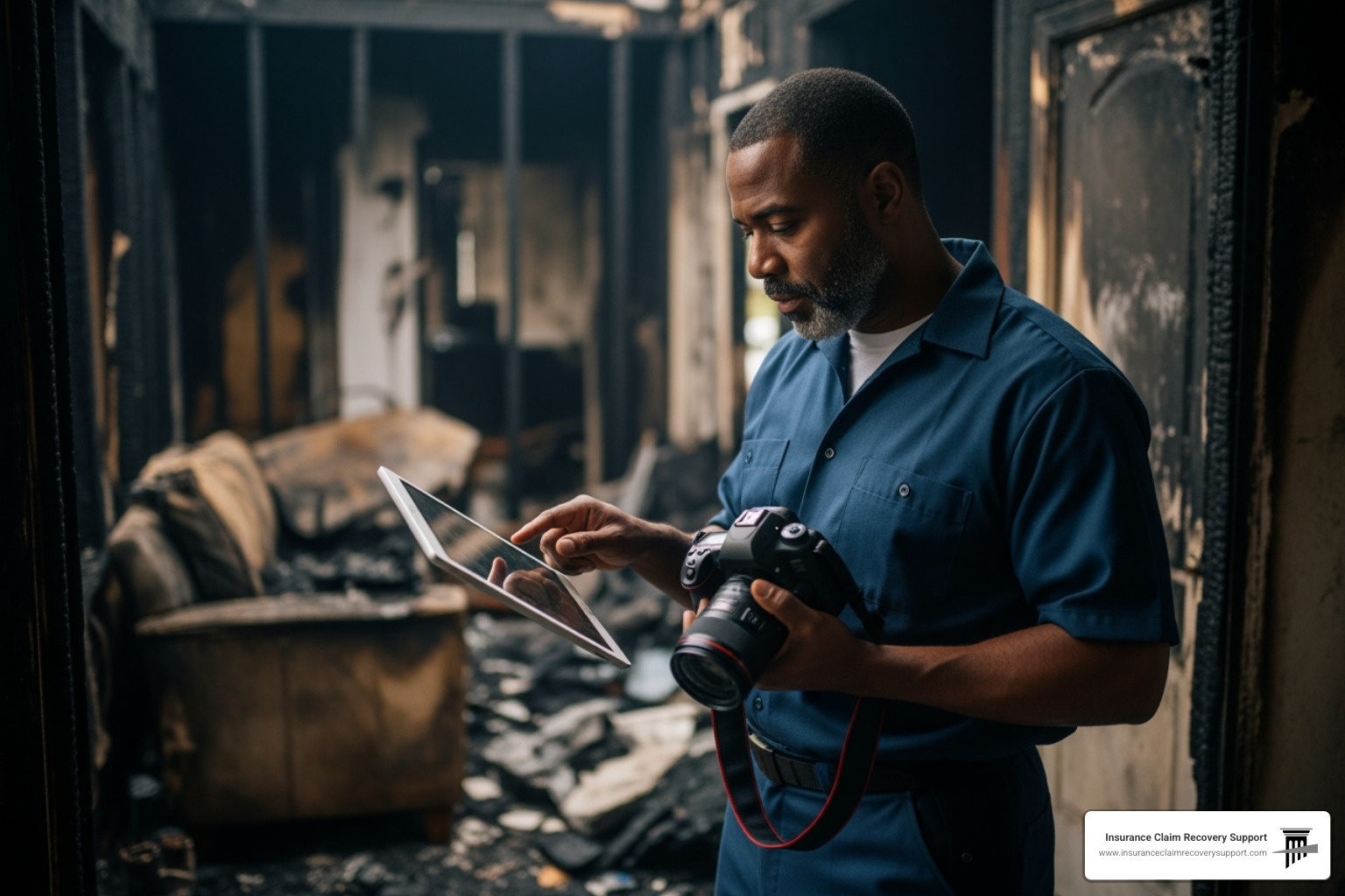 adjuster carefully documenting damage inside a burnt home - fire claim adjuster