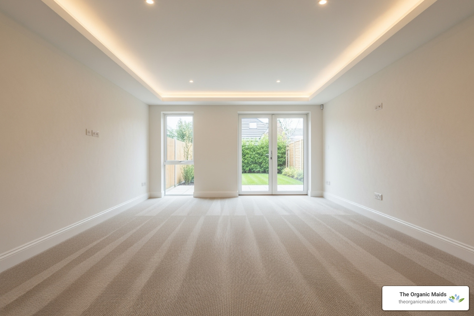 Clean empty living room with vacuum lines visible on carpet - move out cleaning checklist