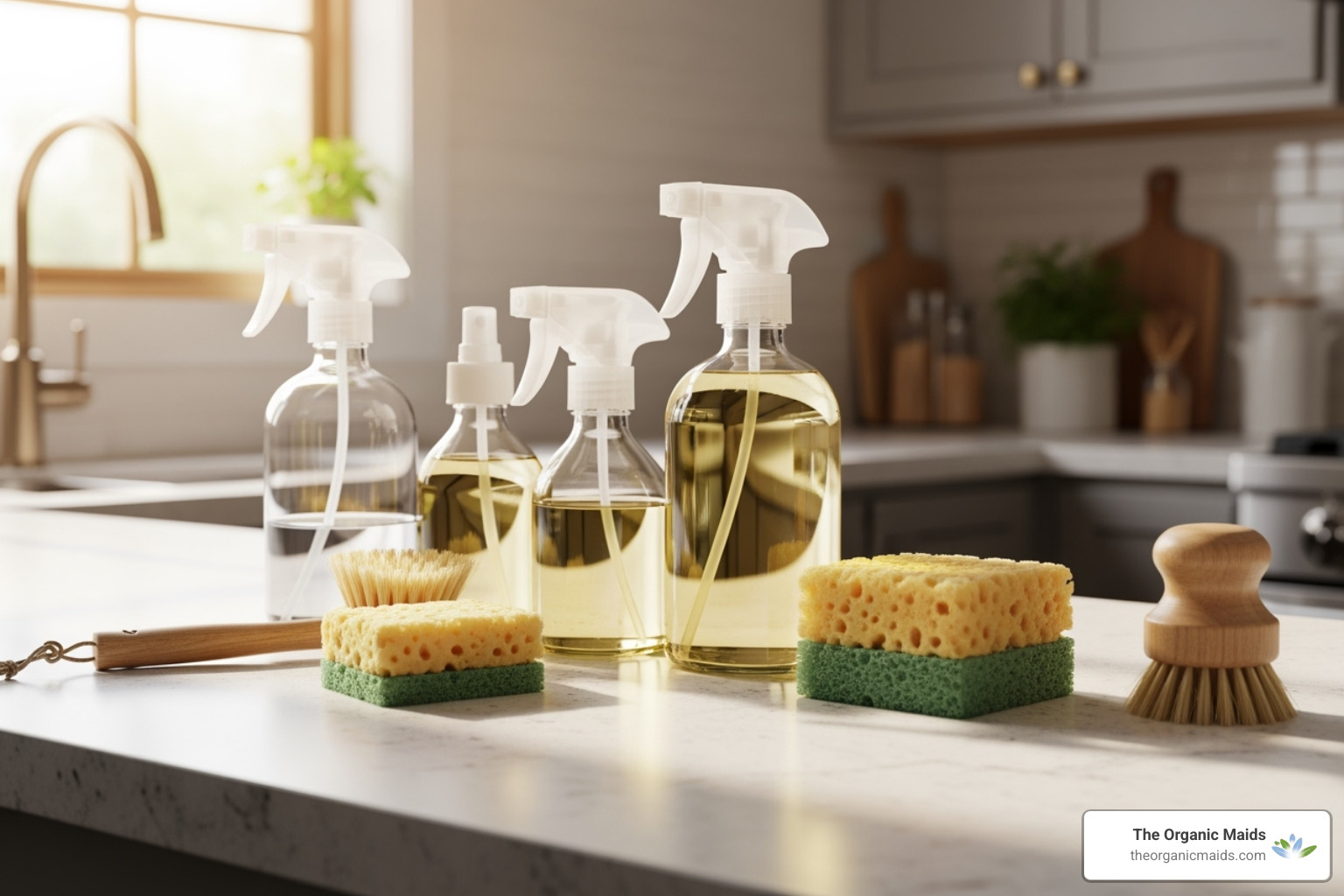 Eco-friendly cleaning supplies arranged on counter - move out cleaning checklist