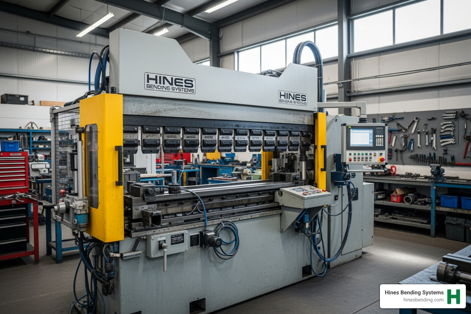 Professional workshop featuring Hines Bending Systems pipe bending machine - used pipe bender for sale