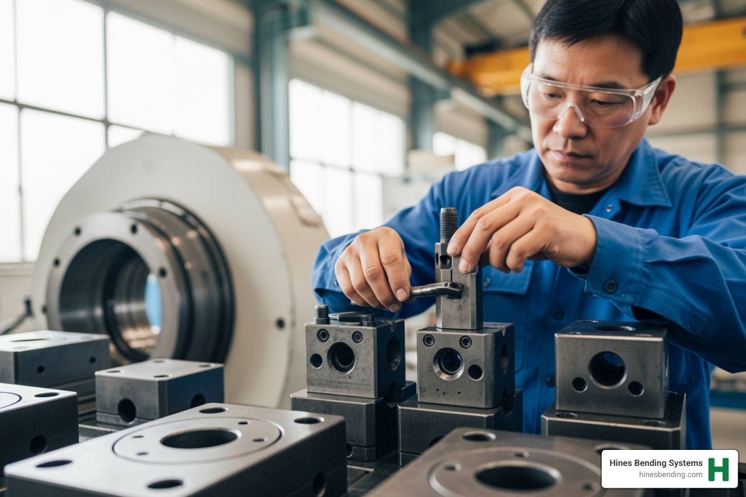 Hines technician carefully inspecting bender dies and tooling - used pipe bender for sale