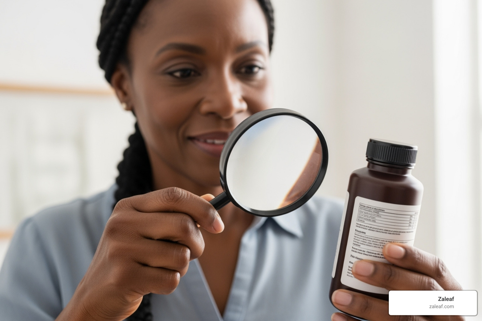 Person looking at a product label with a magnifying glass - Delta 8 versus THC