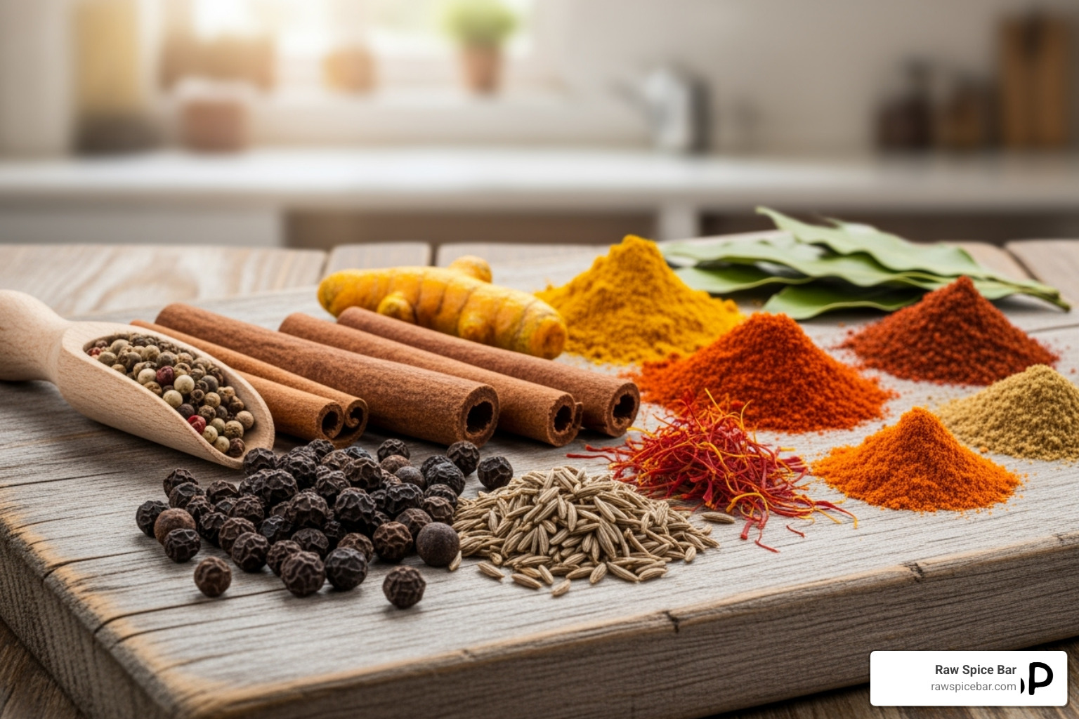 essential whole and ground spices like peppercorns, cumin seeds, and cinnamon sticks on a wooden board - home chef spices