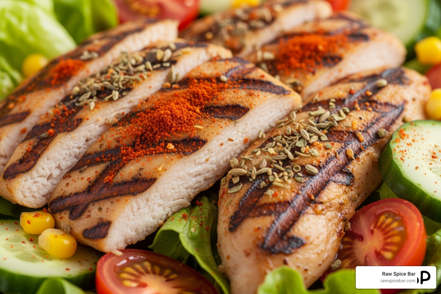 healthy meal like grilled chicken salad being seasoned - home chef spices