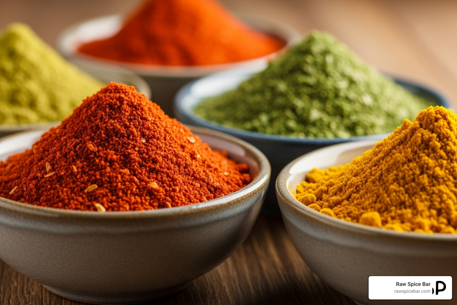 several colorful spice blends like a red BBQ rub, a green herb blend, and a yellow curry powder in small ceramic bowls - home chef spices