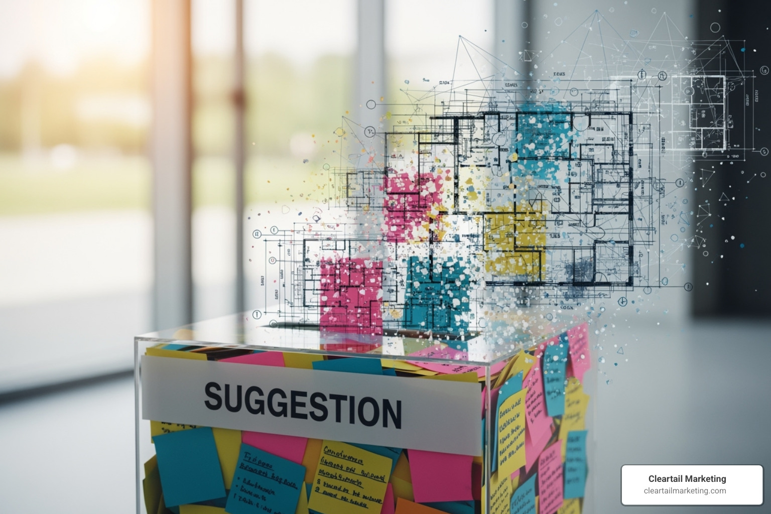 suggestion box overflowing with feedback notes changing into blueprint for improvement - reputation management case studies
