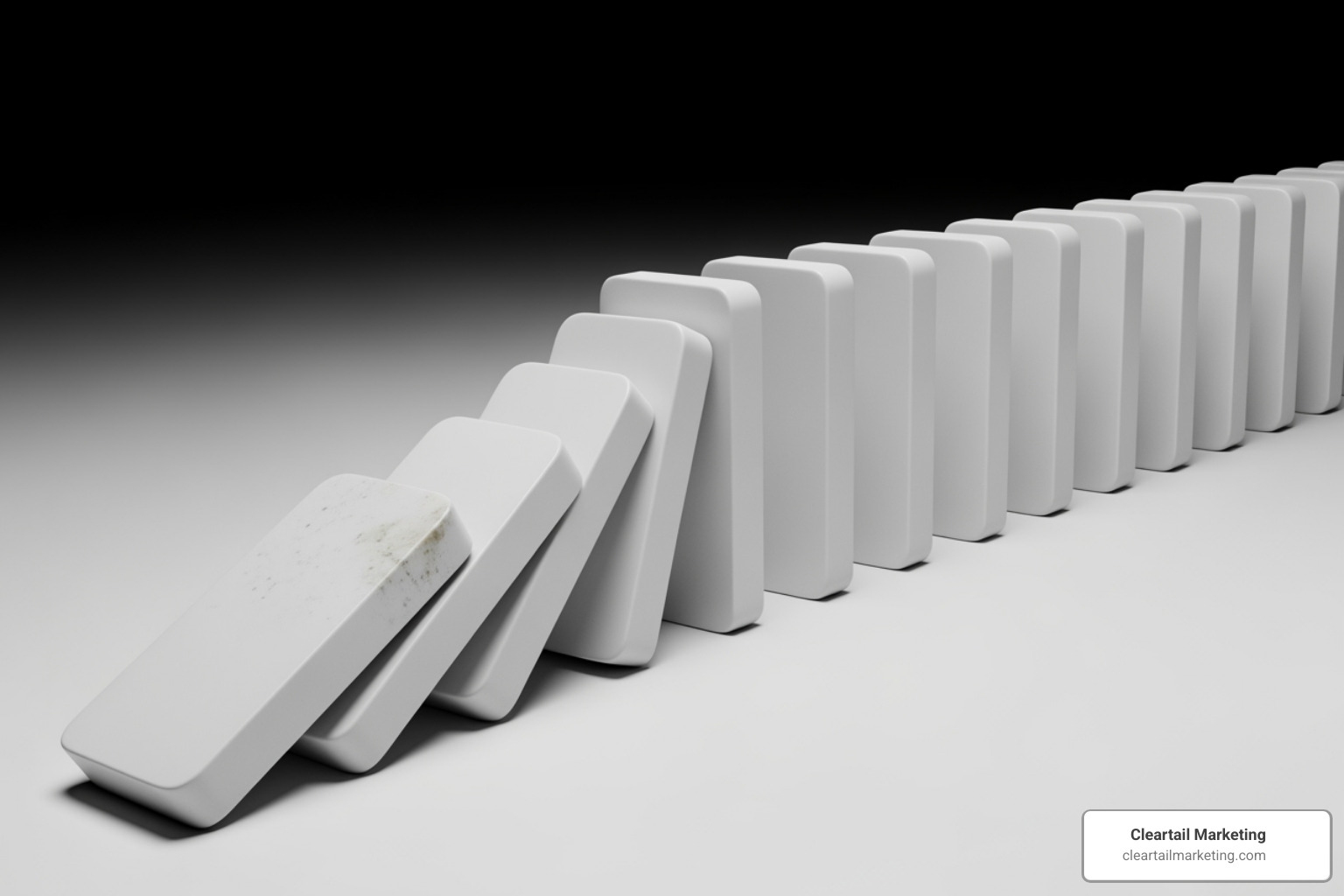 domino chain reaction starting with small misstep representing how poor crisis management escalates - reputation management case studies