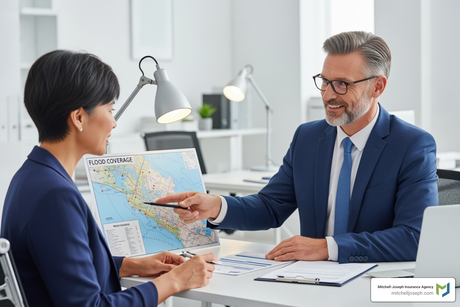 person consulting with insurance agent about flood coverage - home flood insurance