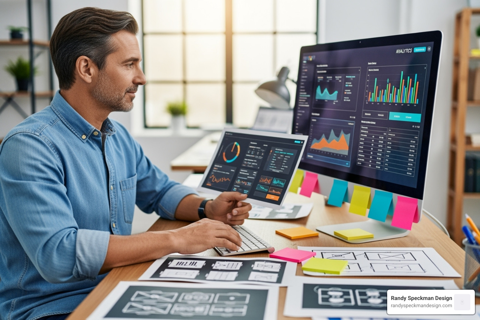 person at a desk with analytics on a screen, sticky notes, and wireframe sketches - website redesign