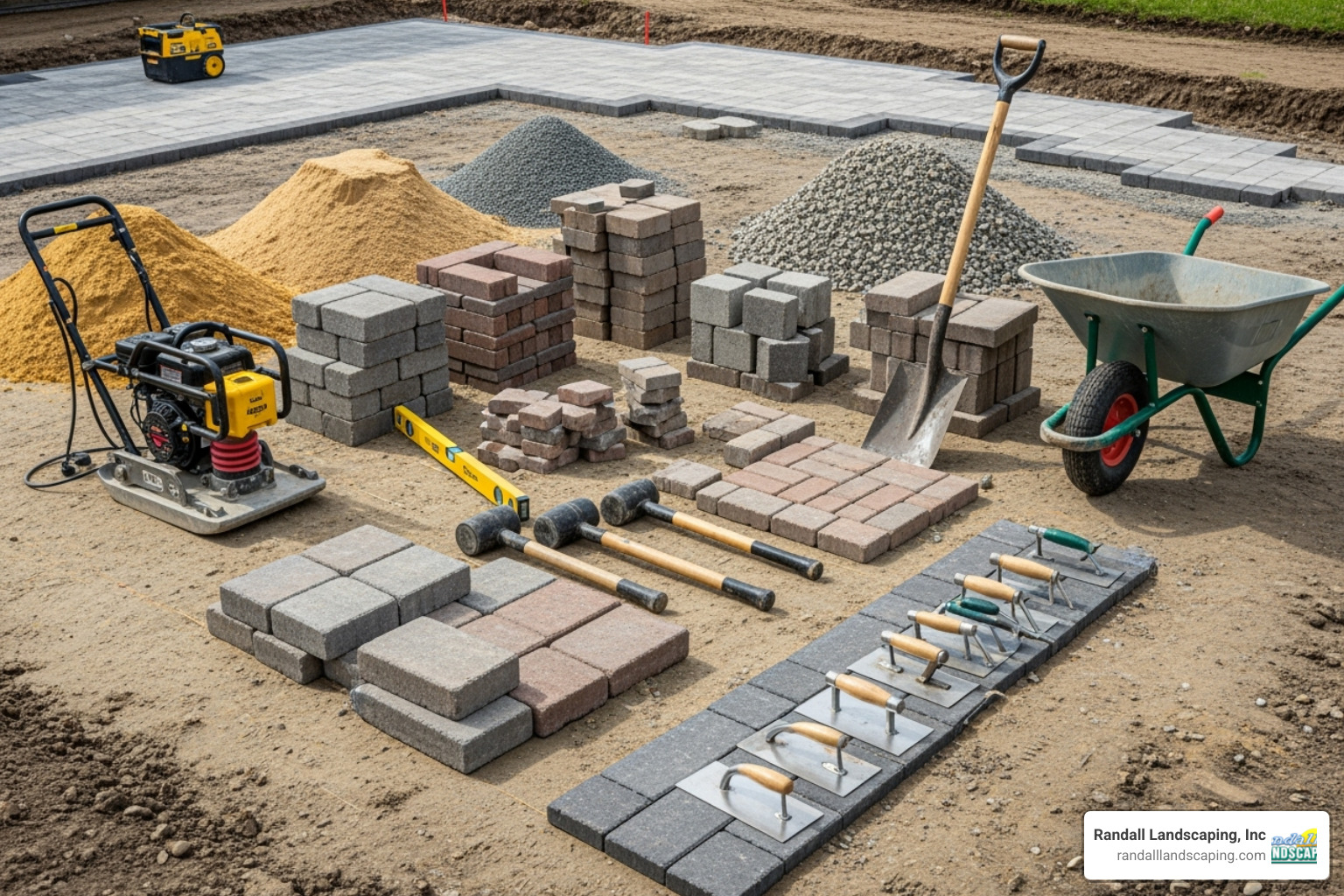 Complete layout of paver installation tools and materials including pavers, sand, gravel, compactor, and hand tools - custom paver patio