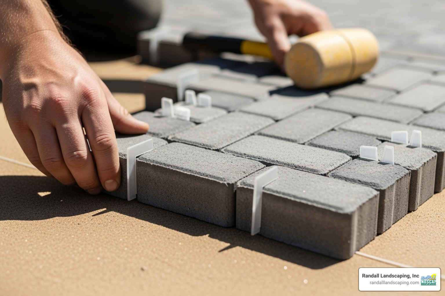 Pavers being carefully laid in an intricate herringbone pattern with precise spacing - custom paver patio