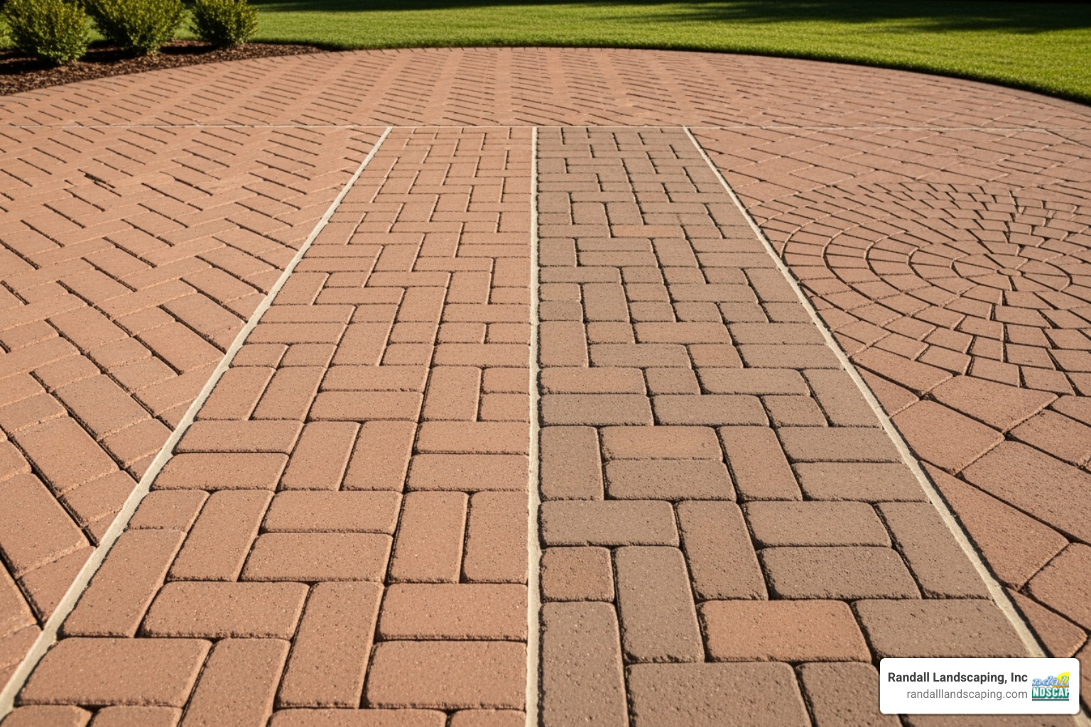 Different paver patterns displayed side by side showing herringbone, basket weave, running bond, and circular designs - custom paver patio