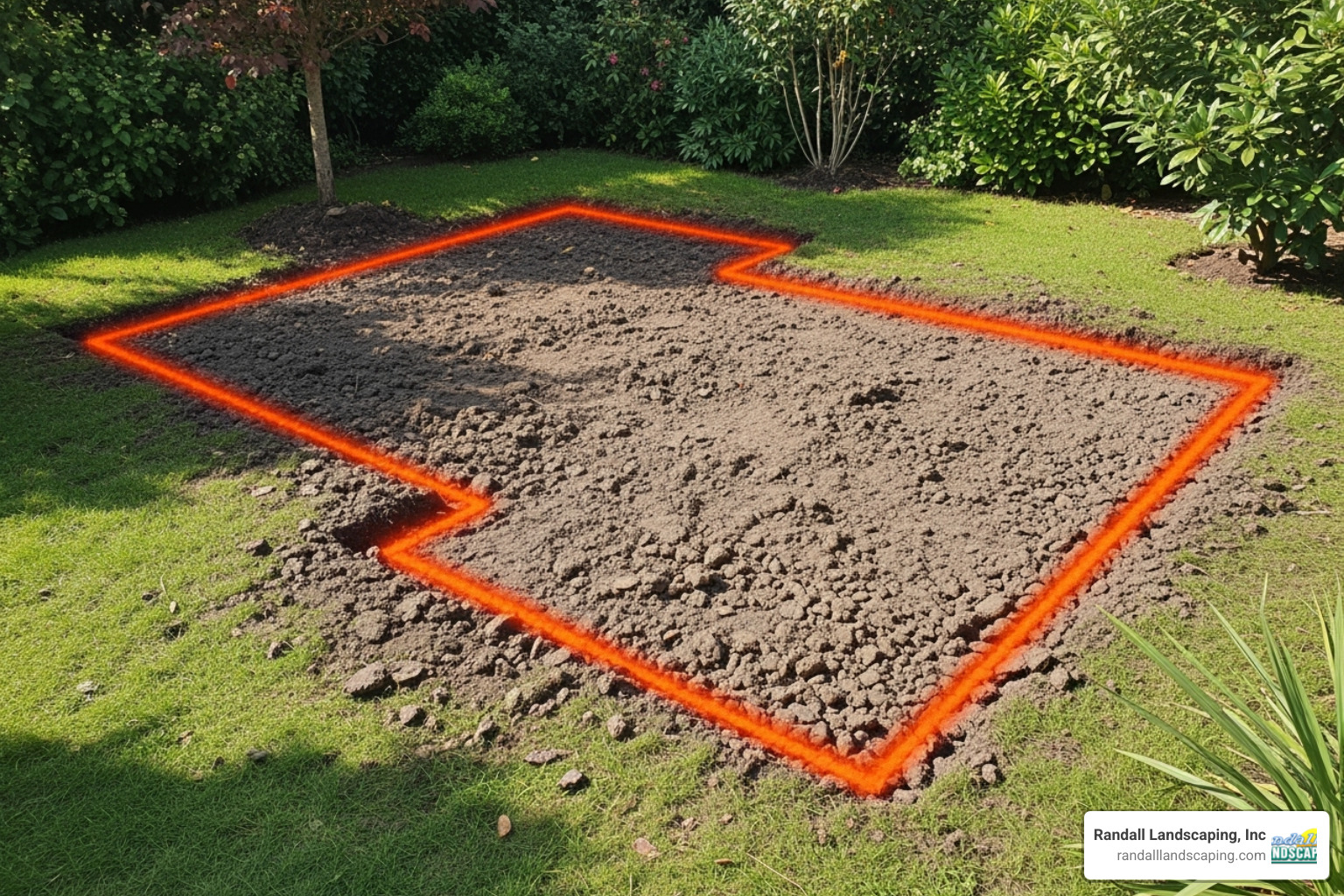 Patio area clearly marked with bright spray paint showing the excavation boundaries - custom paver patio