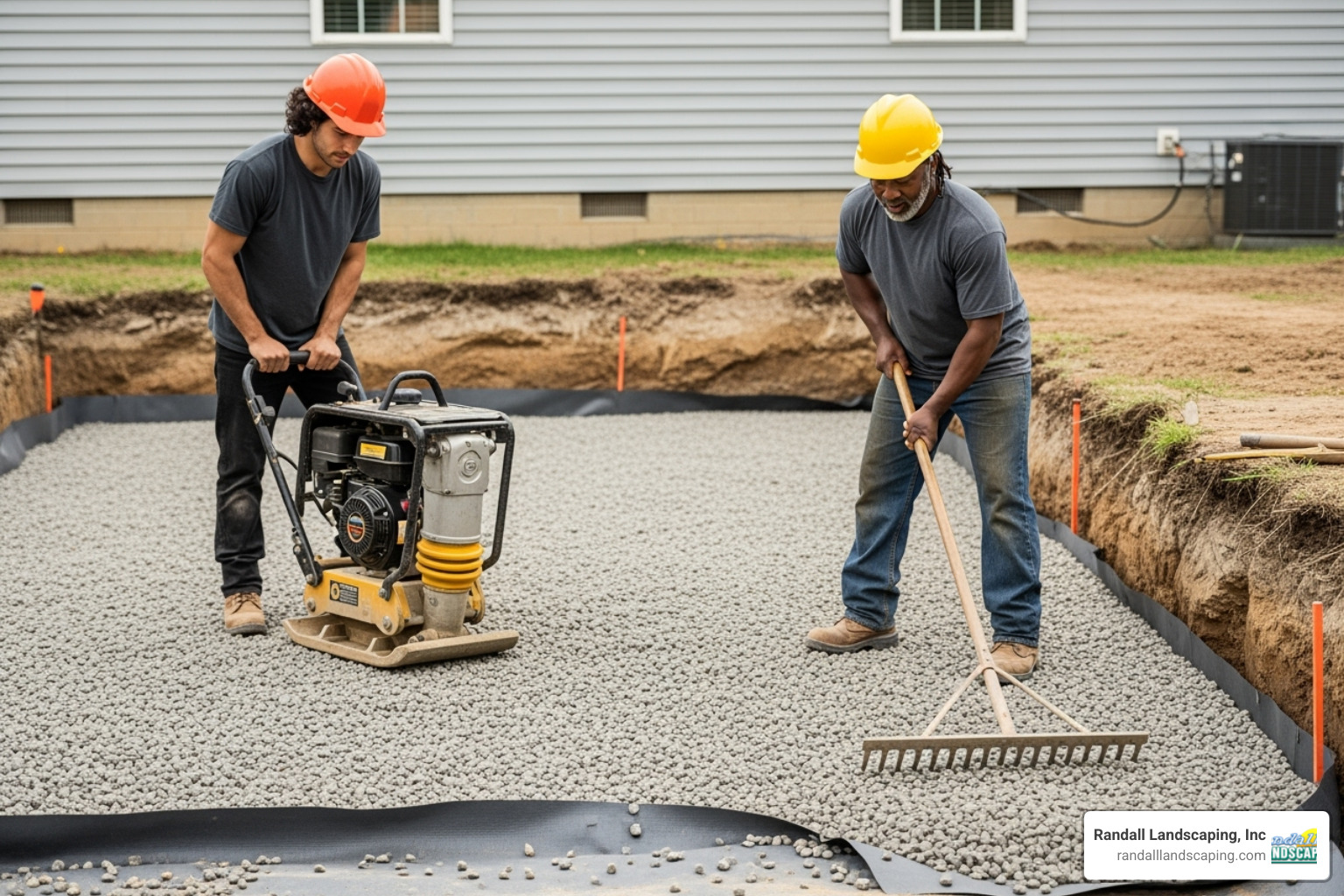 Workers installing and compacting the gravel base layer with proper tools and technique - custom paver patio
