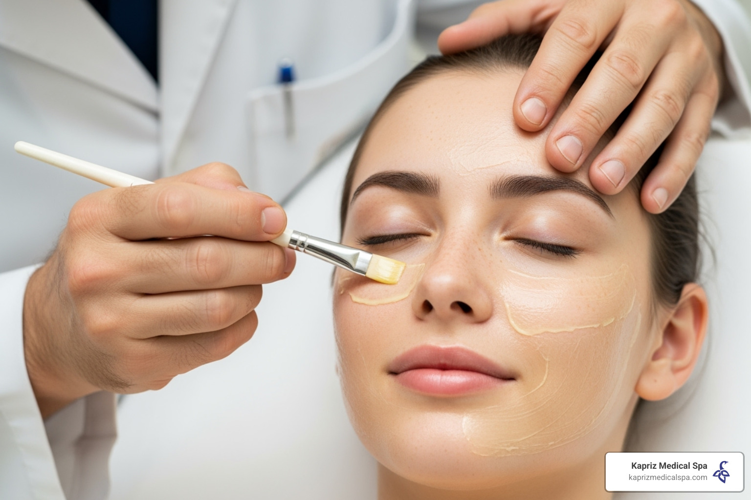 Chemical peel application process showing the careful application of acid solution to facial skin - refresh skin treatment Chemical peel application process showing the careful application of acid solution to facial skin - refresh skin treatment