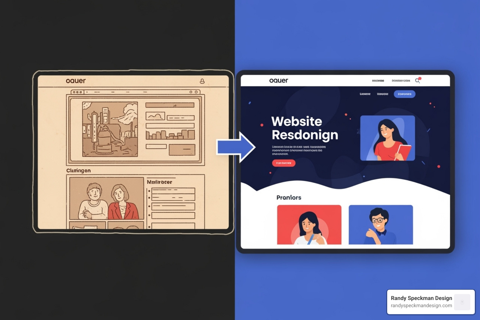 sitemap branching out into wireframes and then a full-color UI design - website redesign