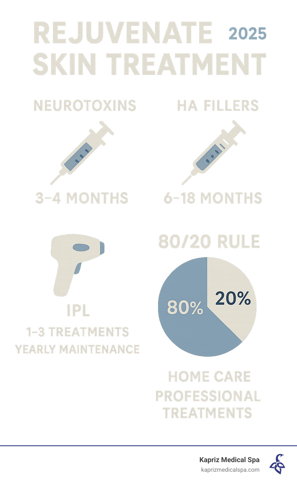 Statistical infographic showing treatment duration data: Neurotoxins last 3-4 months, HA fillers last 6-18 months, IPL requires 1-3 treatments with yearly maintenance, and the 80/20 rule highlighting that 80% of skin appearance comes from homecare while 20% comes from professional treatments - refresh skin treatment infographic Statistical infographic showing treatment duration data: Neurotoxins last 3-4 months, HA fillers last 6-18 months, IPL requires 1-3 treatments with yearly maintenance, and the 80/20 rule highlighting that 80% of skin appearance comes from homecare while 20% comes from professional treatments - refresh skin treatment infographic