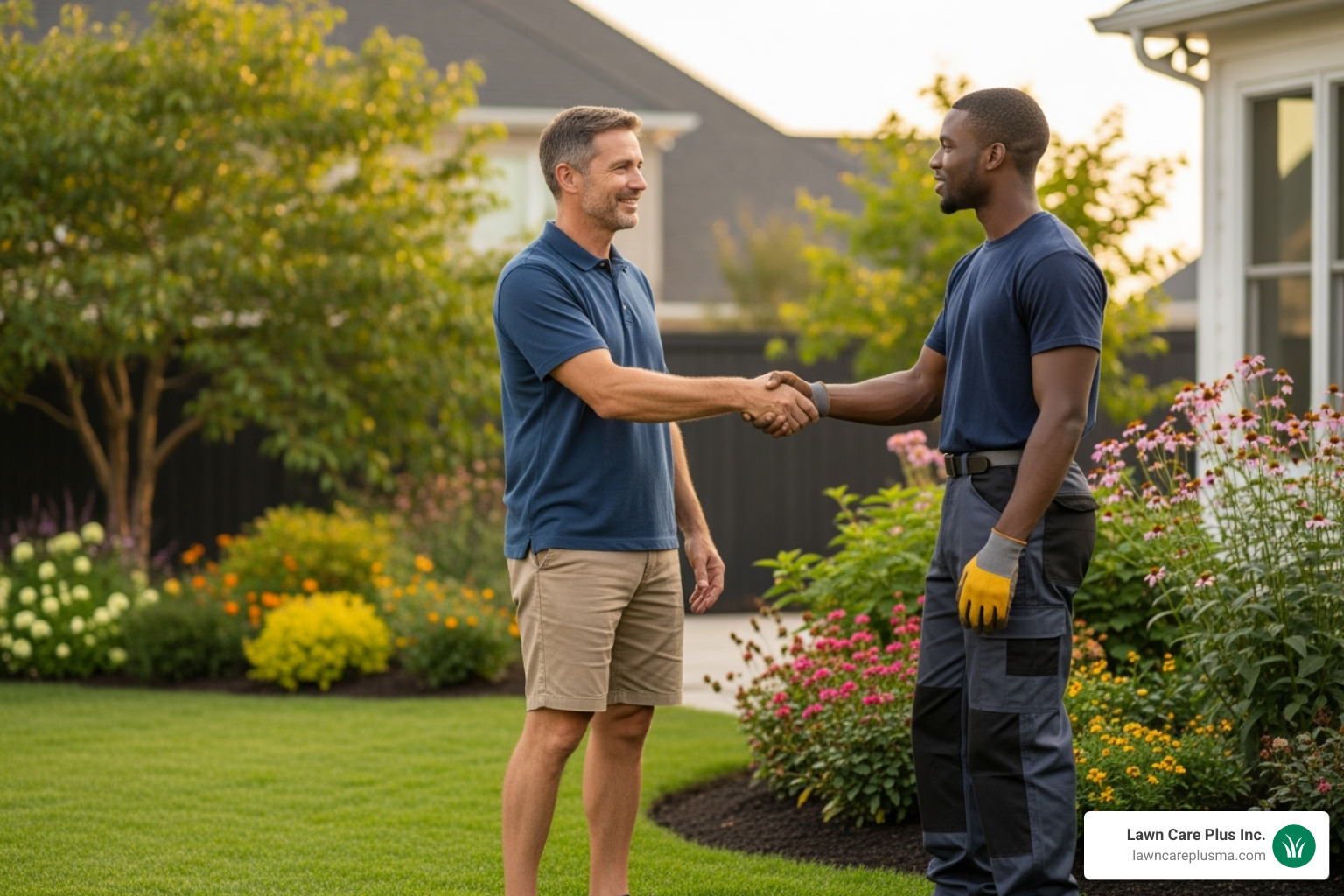 homeowner shaking hands with professional landscaper - grass cutting service near me