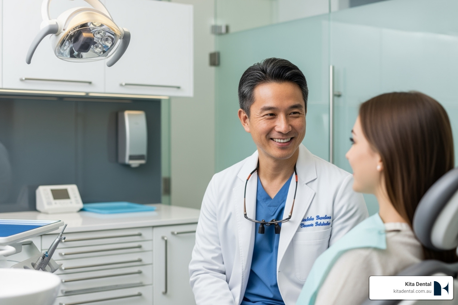 friendly dentist consulting with patient in modern dental office - cosmetic dentist sydney nsw friendly dentist consulting with patient in modern dental office - cosmetic dentist sydney nsw