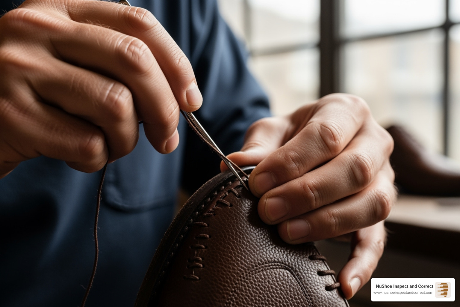 Close-up image of intricate stitching repair being performed on a high-quality leather shoe, showing the precision and craftsmanship involved - shoe repair