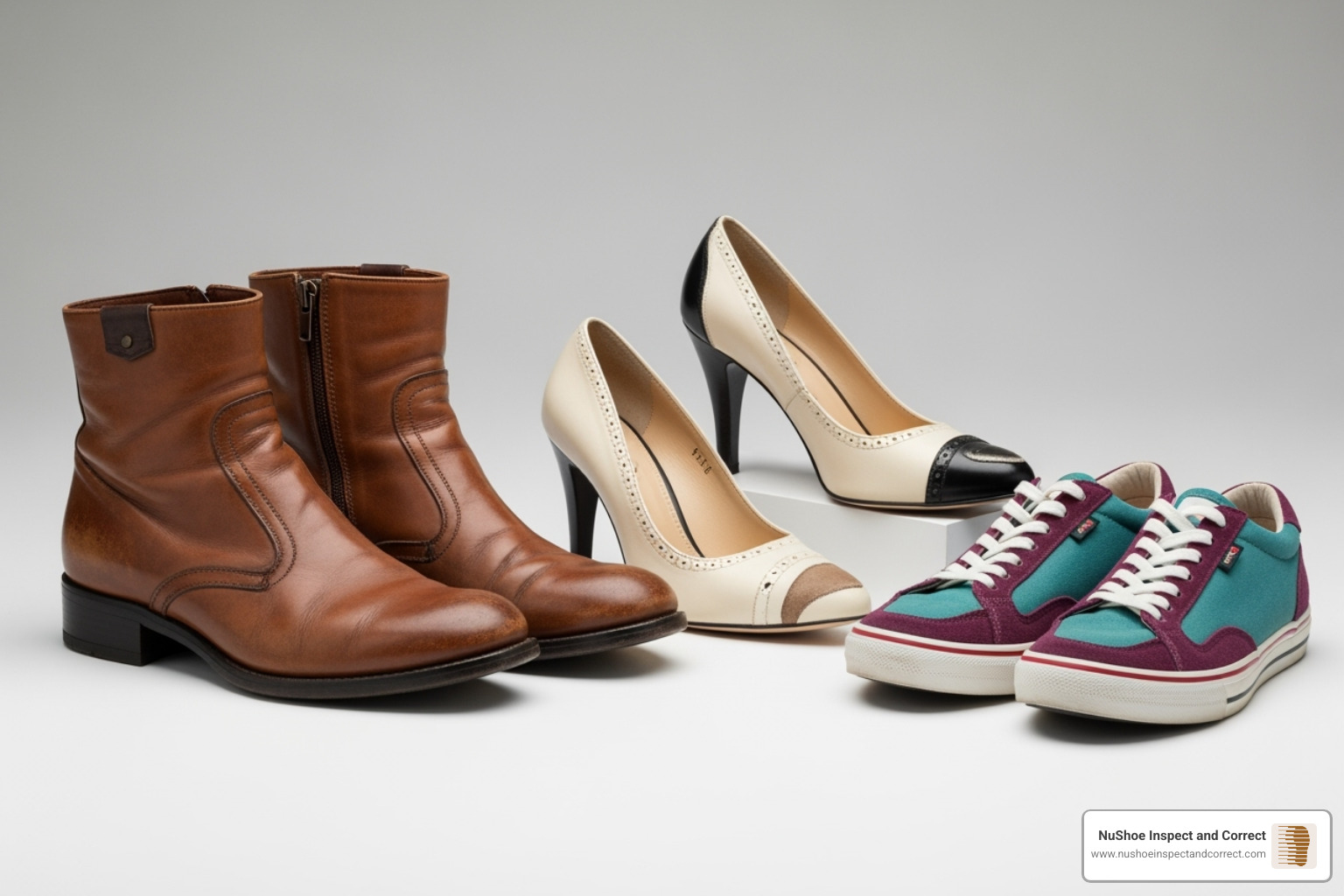 Various repaired shoes including boots, heels, and sneakers displayed to showcase different types of professional repairs and restorations - shoe repair