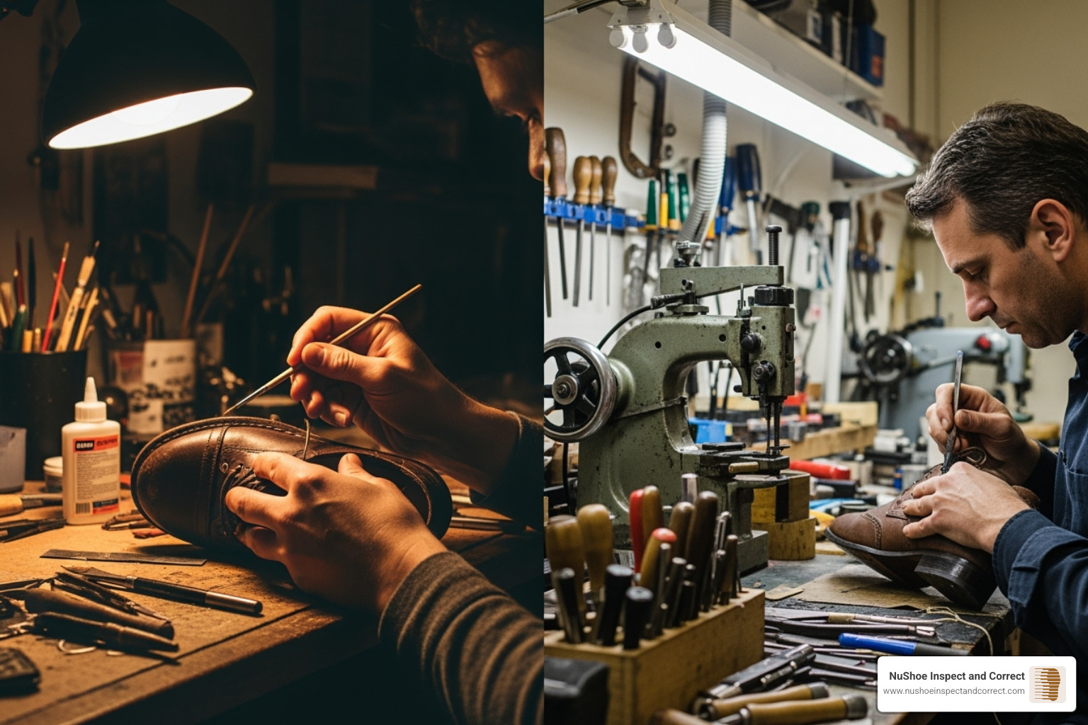 A split image showing a person's hands working on a shoe with basic DIY tools on one side, contrasted with a professional cobbler's well-equipped workshop on the other - shoe repair