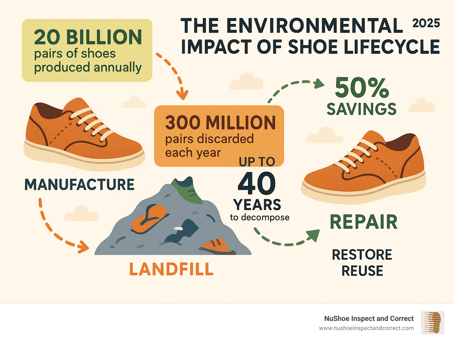 Infographic showing the environmental impact of shoe lifecycle, comparing the wasteful path of manufacturing to landfill disposal versus the sustainable cycle of repair, restoration, and reuse, including statistics on manufacturing resources, landfill time, and repair savings - shoe repair infographic 