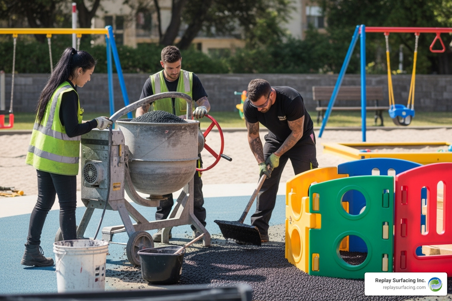 Professional installers mixing rubber granules and polyurethane binder in specialized equipment before hand-troweling the surface around playground equipment - soft pour play surfaces