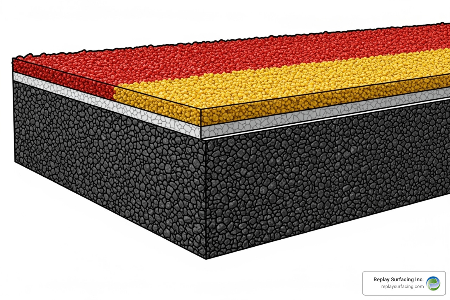 Cross-section diagram showing the two-layer construction of a poured-in-place surface with the SBR recycled rubber base layer and colorful EPDM wear layer on top - soft pour play surfaces