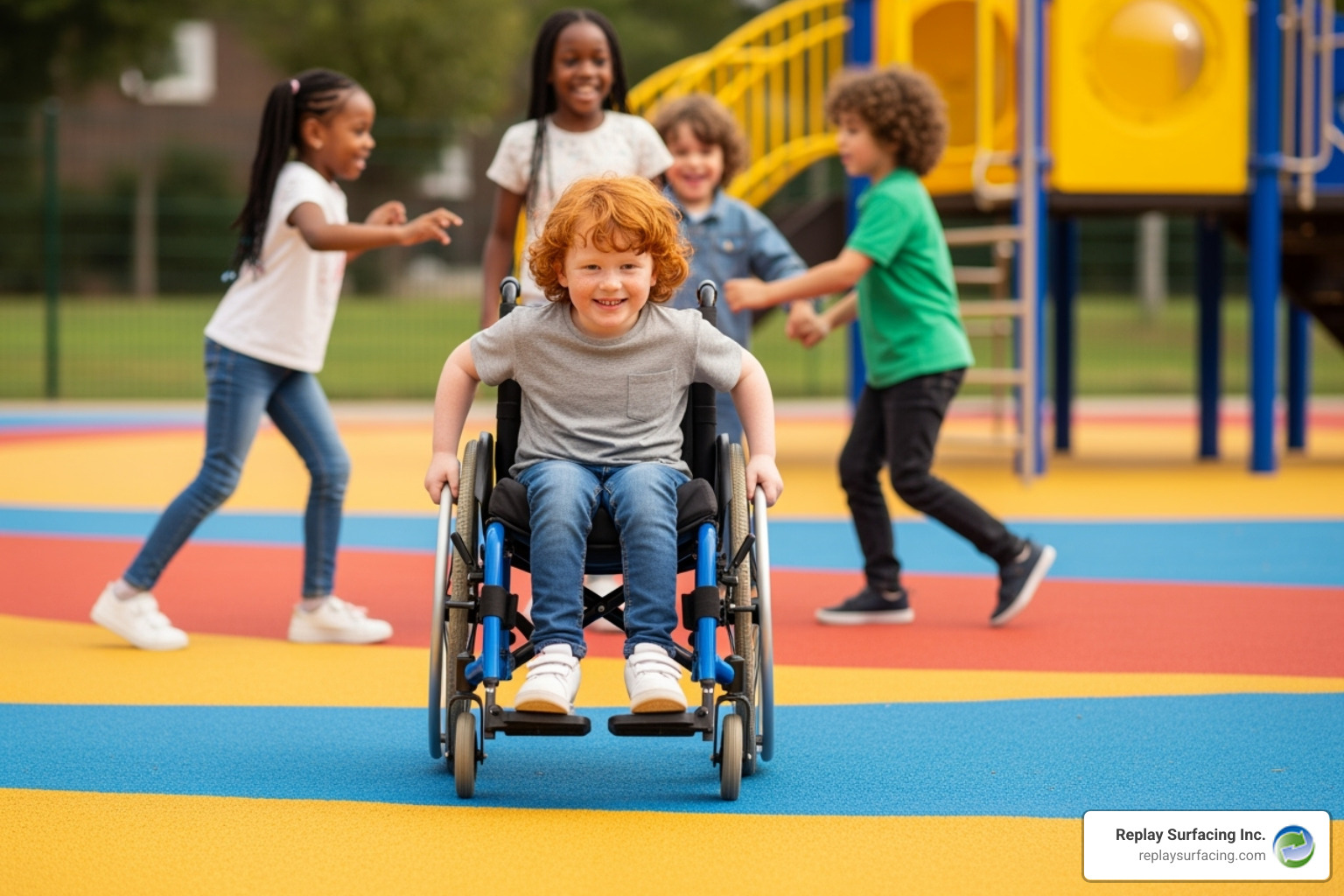 Child in wheelchair easily moving across a smooth poured rubber surface while other children play safely nearby, demonstrating the inclusive nature of soft pour play surfaces - soft pour play surfaces