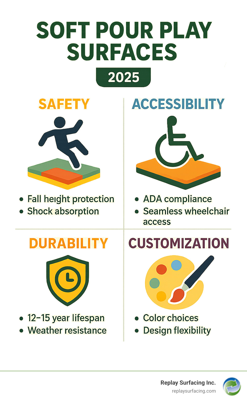 Comprehensive infographic showing the four pillars of soft pour play surfaces: Safety features including fall height protection and shock absorption, Accessibility benefits with ADA compliance and seamless wheelchair access, Durability advantages with 12-15 year lifespan and weather resistance, and Customization options with color choices and design flexibility - soft pour play surfaces infographic 