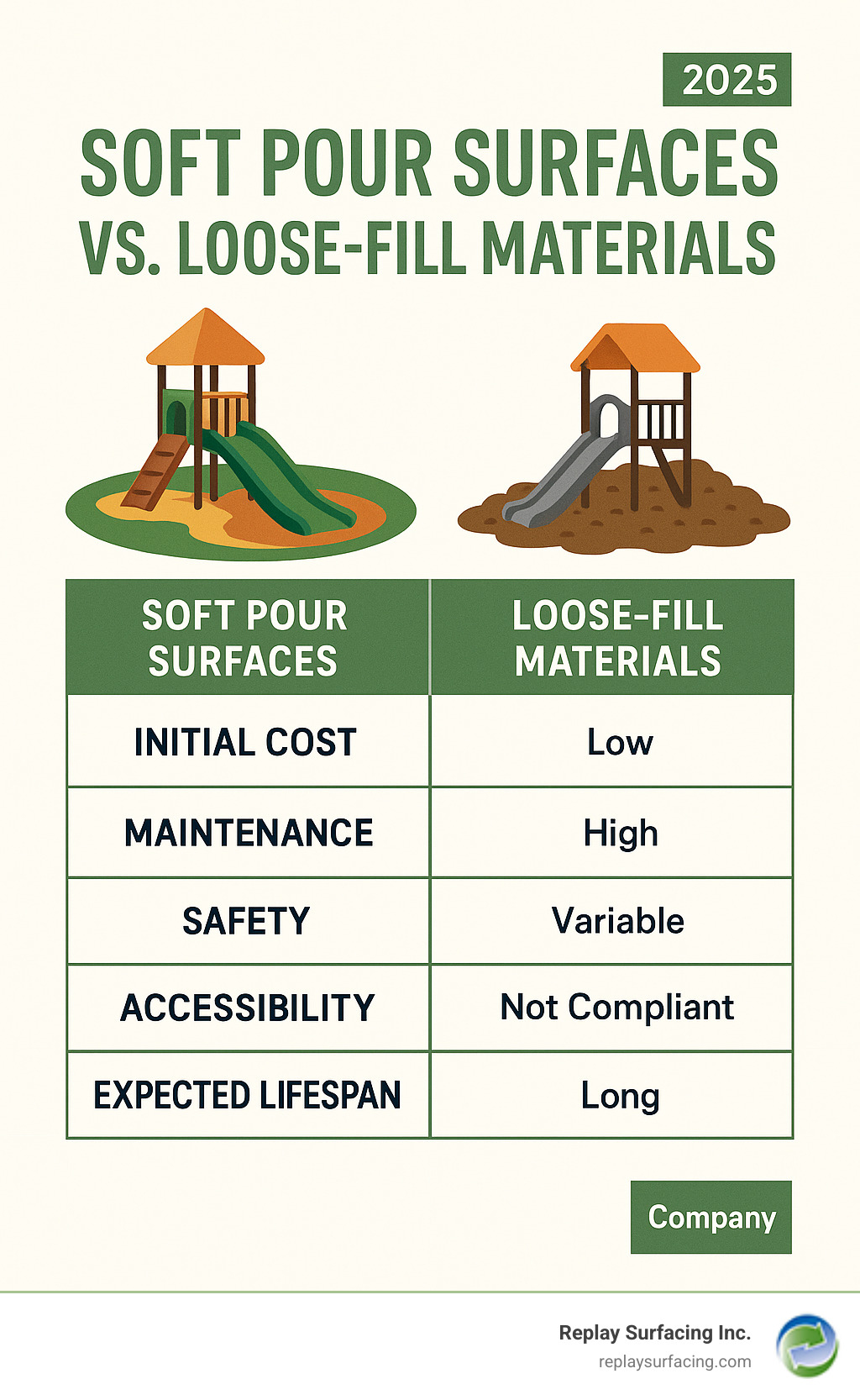 Detailed comparison table showing soft pour surfaces versus loose-fill materials across factors like initial cost, maintenance requirements, safety performance, accessibility compliance, and expected lifespan - soft pour play surfaces infographic 