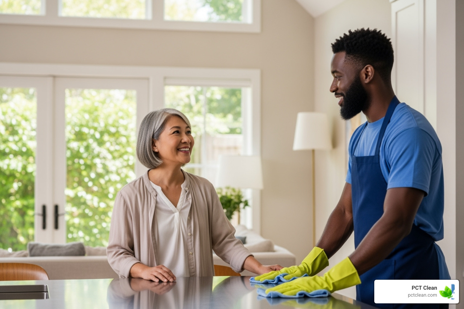 homeowner talking with professional cleaner - best maid services near me
