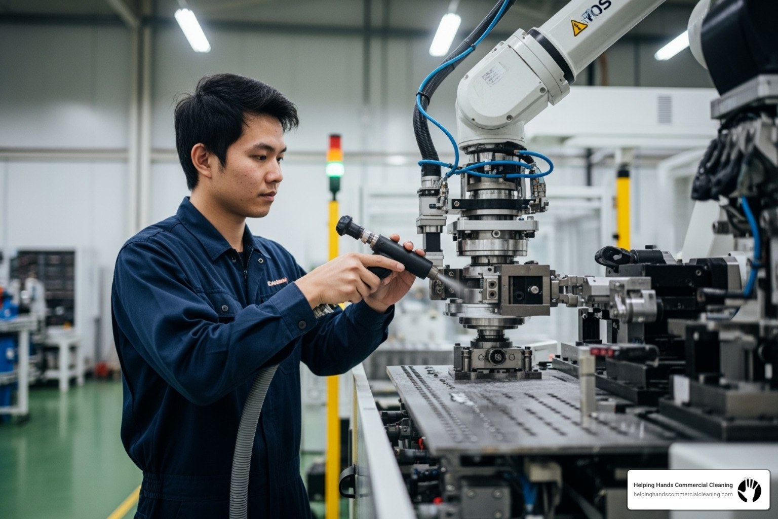Technician carefully cleaning complex industrial machinery in a Chicago-area manufacturing facility - factory cleaning companies