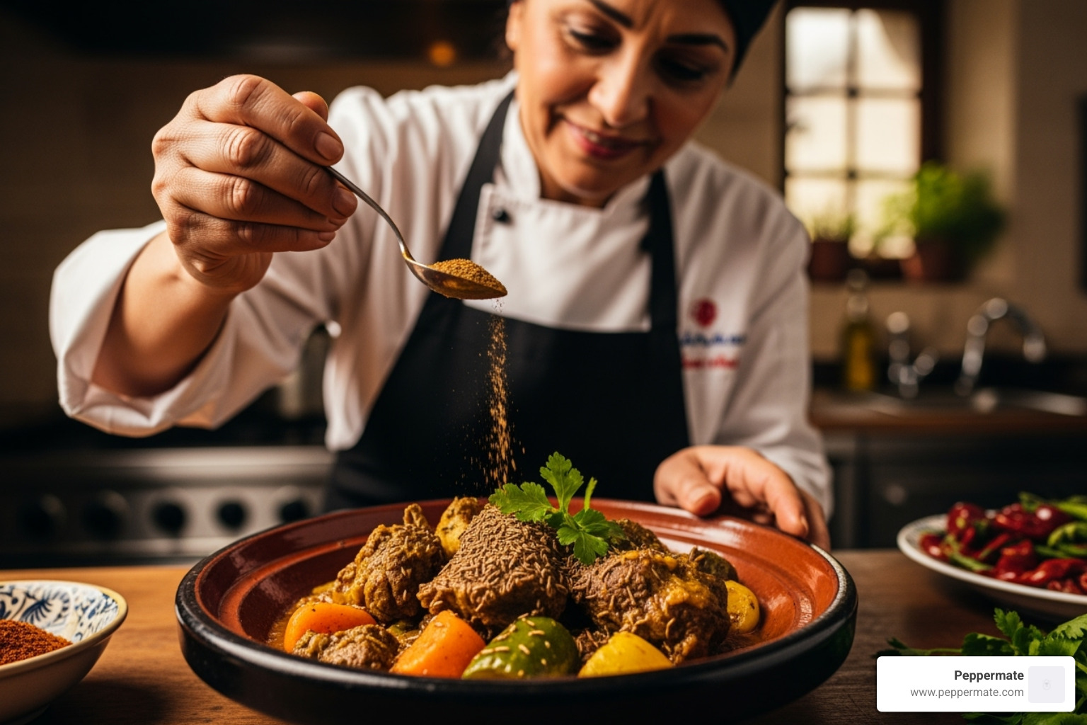 colorful tagine or curry dish being seasoned - gourmet seasoning blends