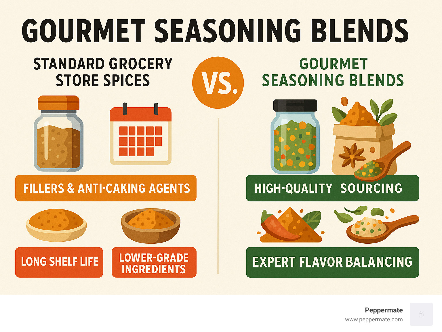 Infographic comparing standard grocery store spices with fillers, anti-caking agents, lower-grade ingredients, and long shelf life versus gourmet seasoning blends featuring high-quality sourcing, unique rare ingredients, no additives, small-batch freshness, and expert flavor balancing - gourmet seasoning blends infographic 