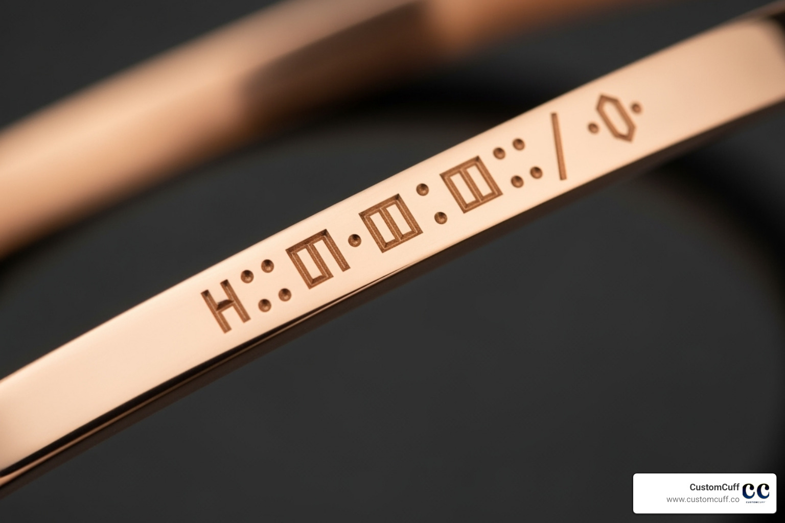 sleek, engraved bar bracelet in rose gold showing a Morse code message - custom Morse code bracelet