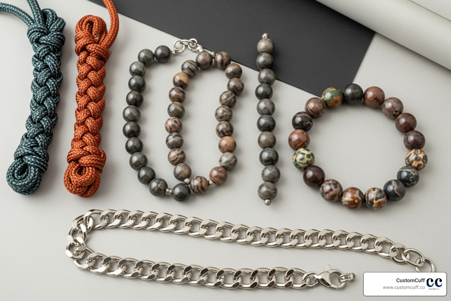 A flat lay showing different magnetic bracelet materials like braided rope, stone beads, and a sleek metal chain - custom magnetic bracelets for couples