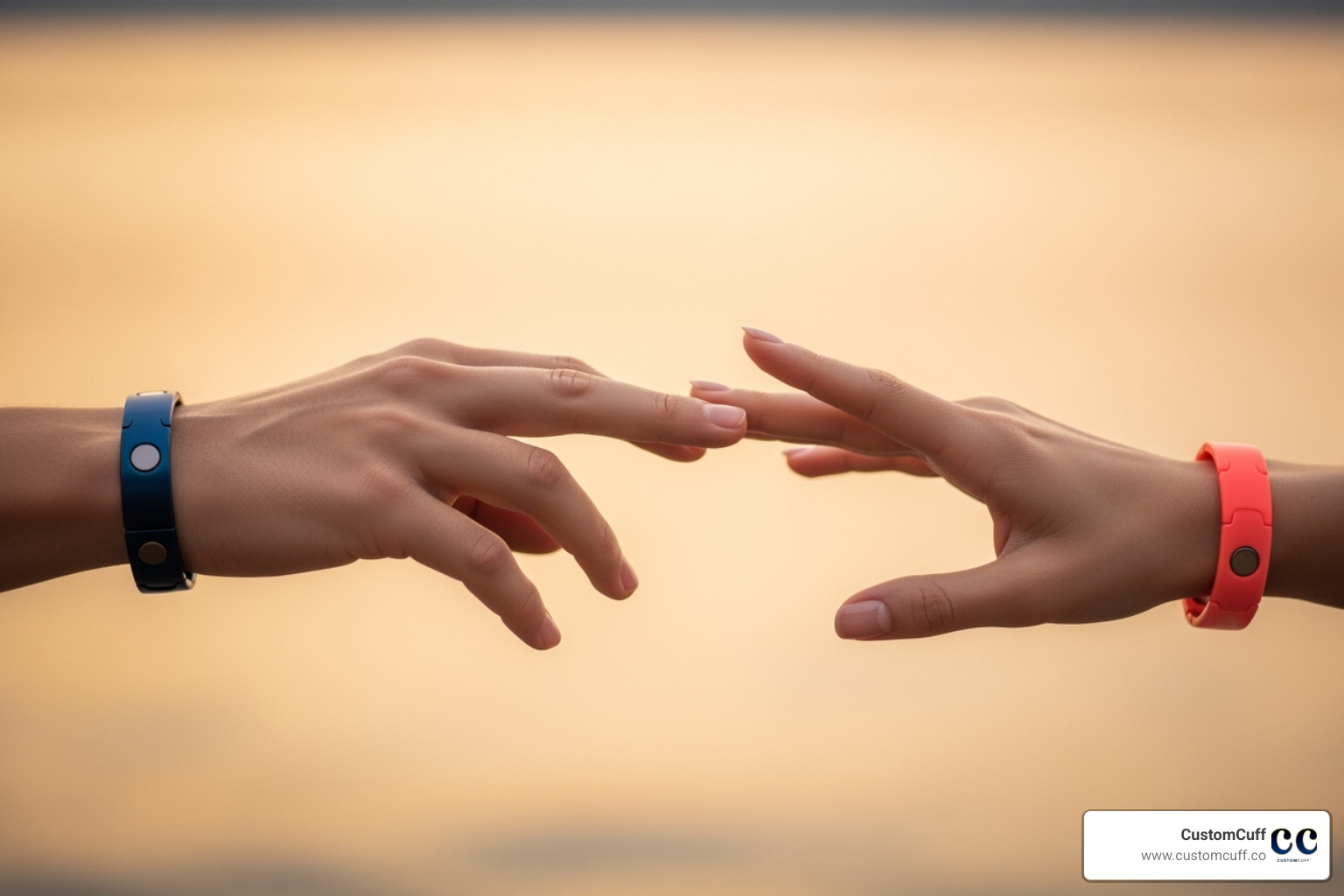 A couple's hands reaching for each other, with their magnetic bracelets about to connect - custom magnetic bracelets for couples