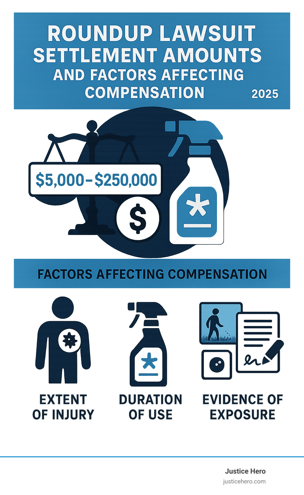 Infographic showing settlement amounts and factors affecting Roundup lawsuit compensation - what proof do you need for roundup lawsuit infographic 