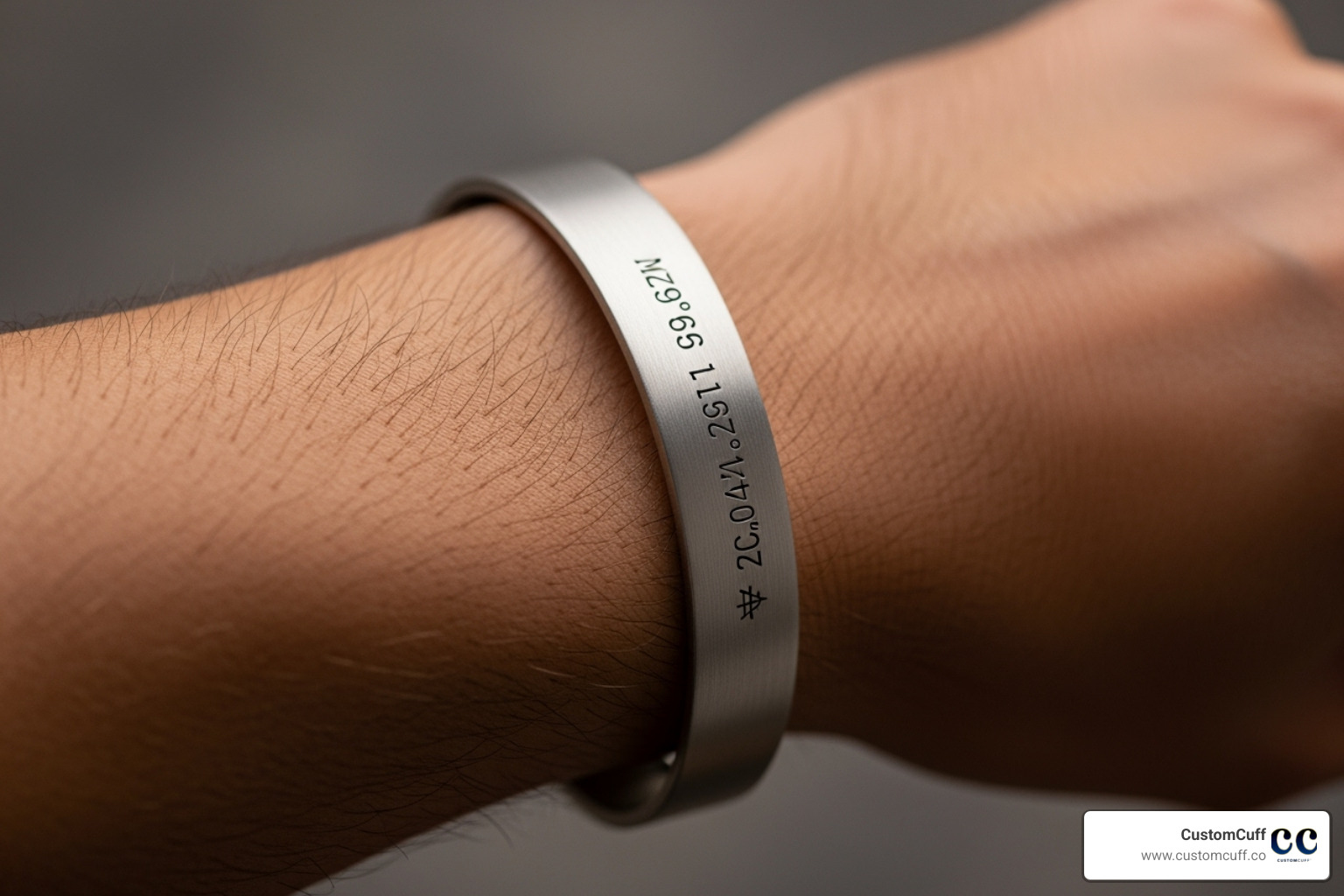 Sleek, matte-finish silver cuff bracelet with a discreet coordinate engraving on the inside - mens silver bracelets engraved