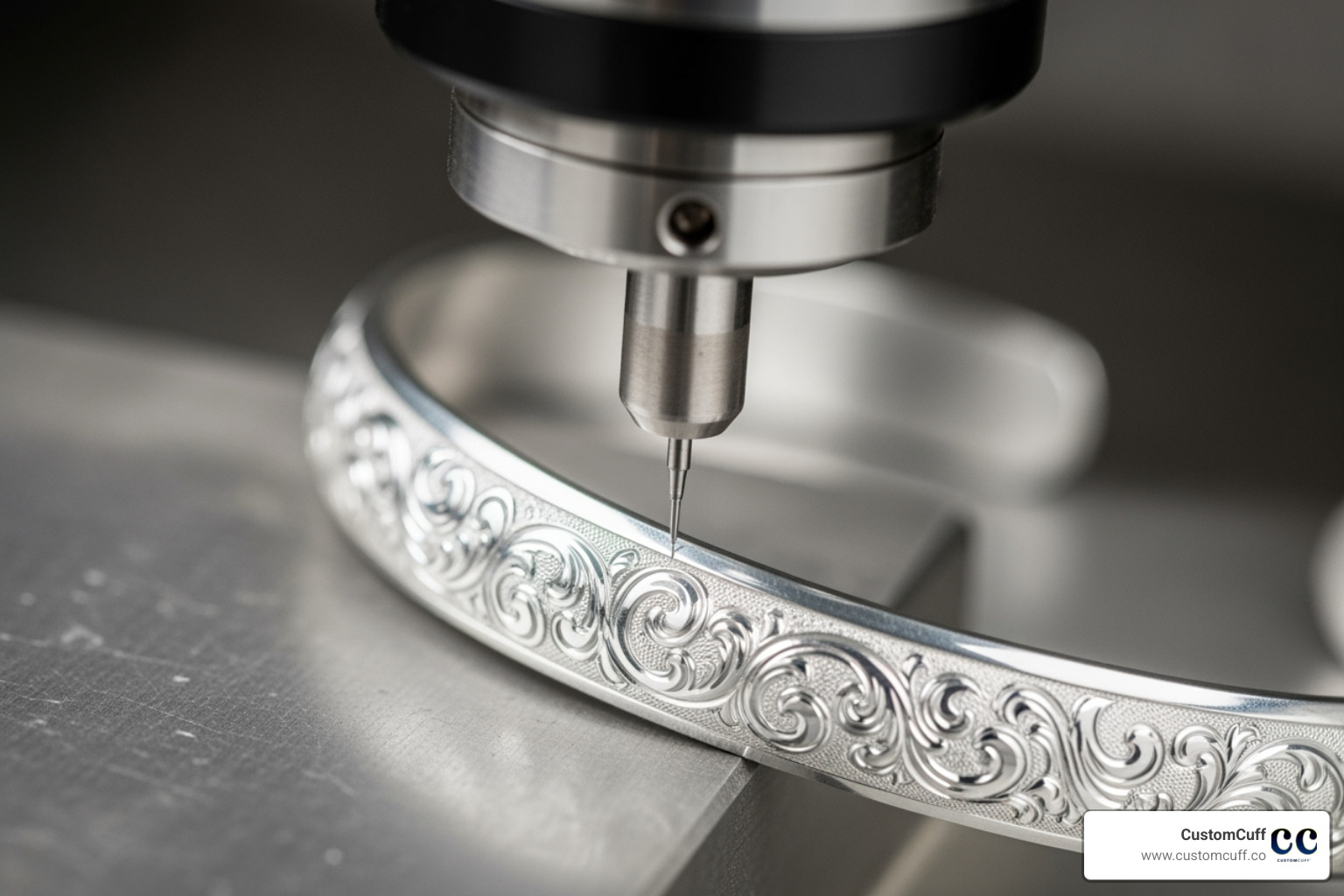 Close-up of an engraving machine working on a silver bracelet - mens silver bracelets engraved