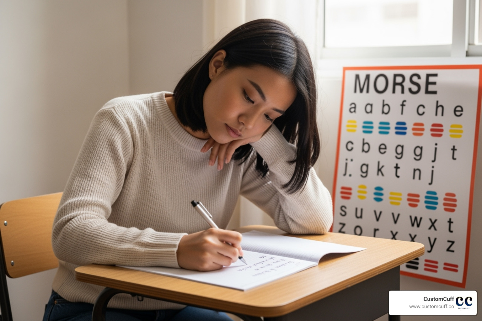 woman thoughtfully writing down a message next to a Morse code chart - custom Morse code bracelet