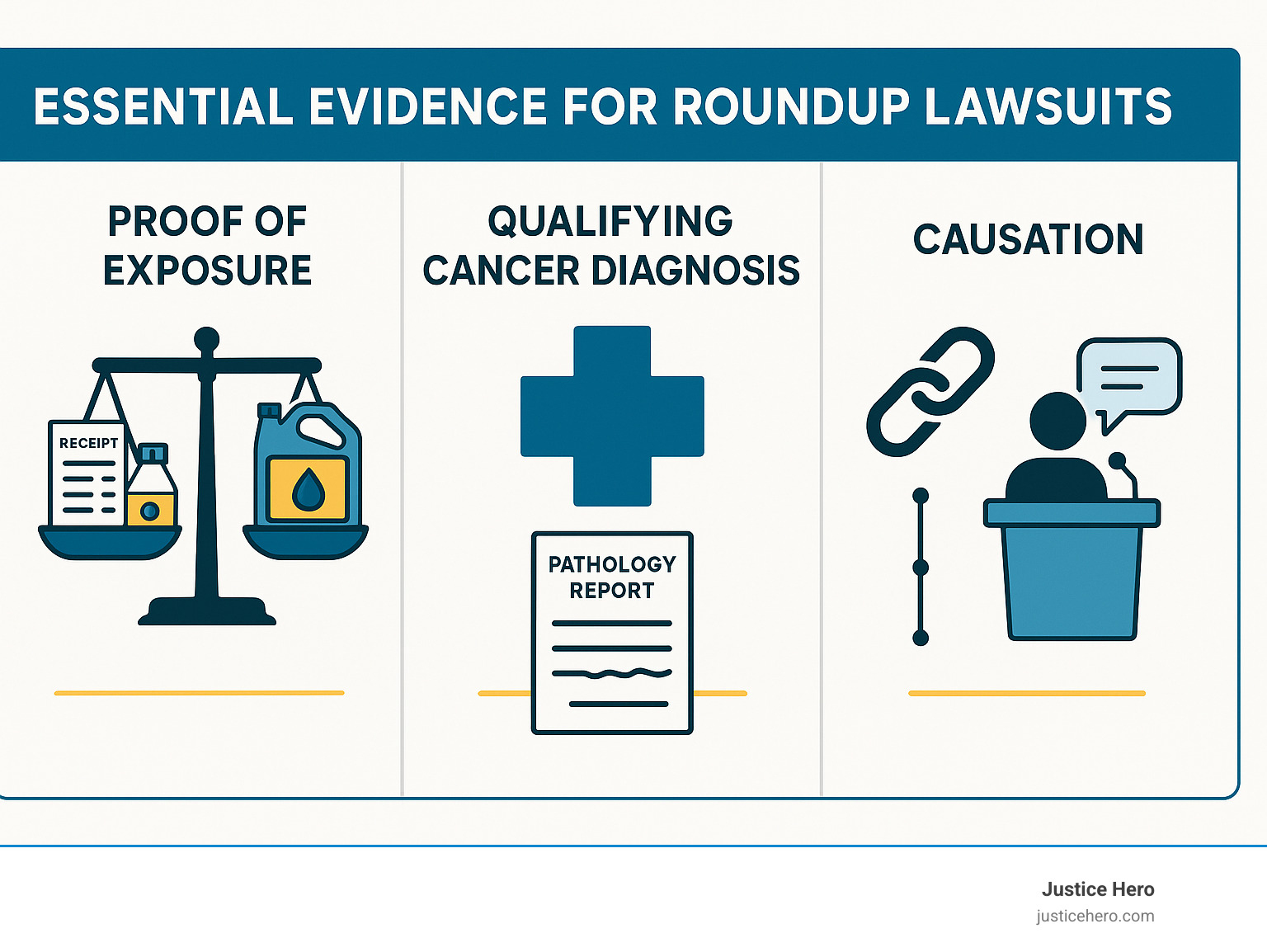 Infographic showing the three pillars of a Roundup lawsuit claim: a scale representing proof of exposure with receipts and containers, a medical cross representing qualifying cancer diagnosis with pathology reports, and a link symbol representing causation with timeline and expert testimony - what proof do you need for roundup lawsuit infographic 