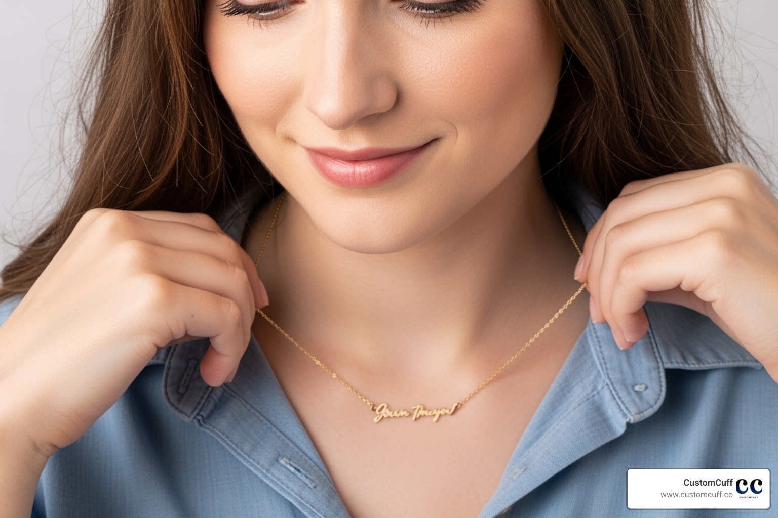 A woman wearing a custom handwriting necklace or admiring personalized jewelry - personalized gifts for husband and wife A woman wearing a custom handwriting necklace or admiring personalized jewelry - personalized gifts for husband and wife
