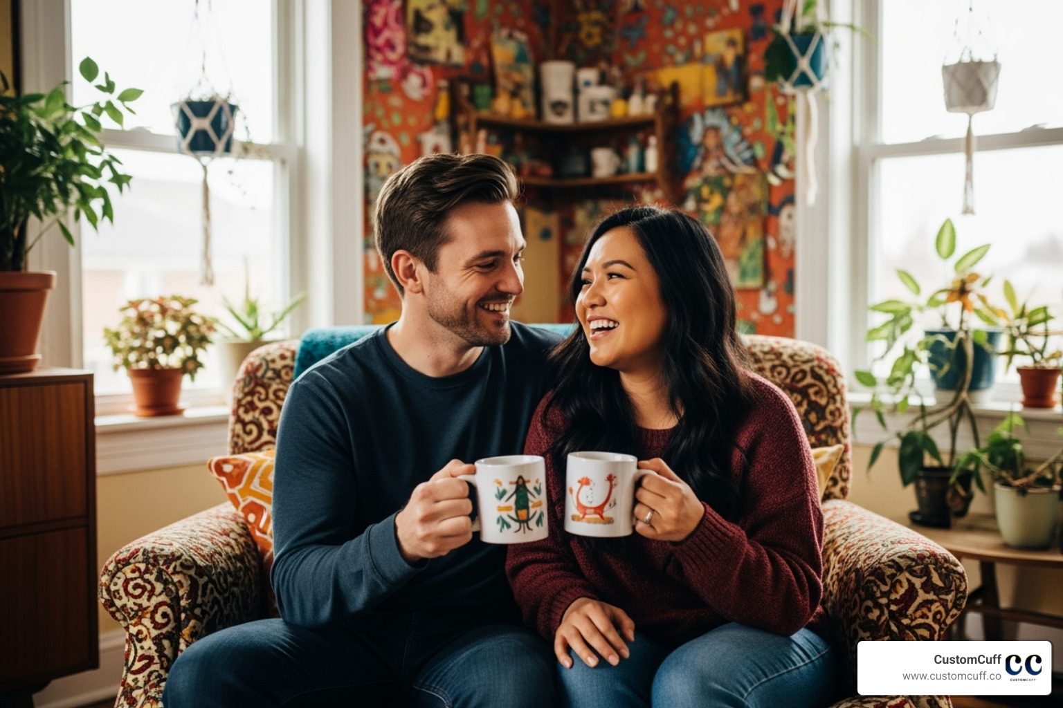 A couple enjoying a shared personalized gift like matching mugs or custom art piece - personalized gifts for husband and wife A couple enjoying a shared personalized gift like matching mugs or custom art piece - personalized gifts for husband and wife