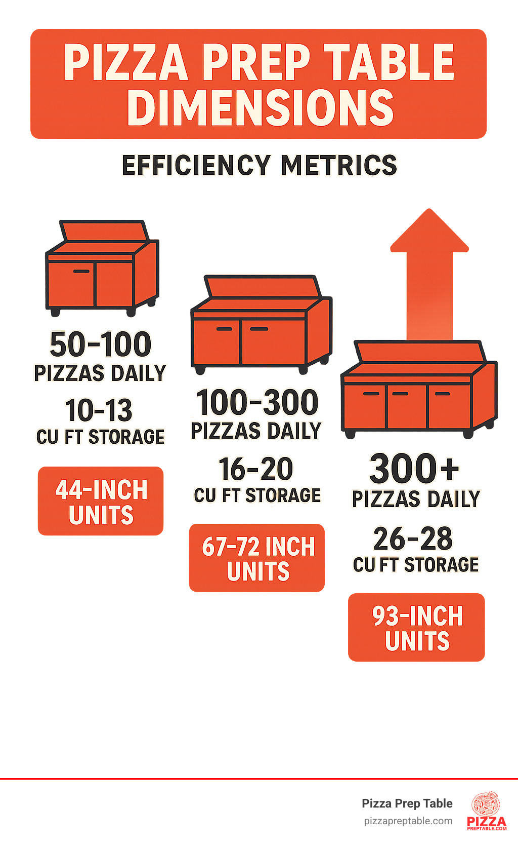 Statistical comparison showing pizza prep table efficiency metrics: 44-inch units serve 50-100 pizzas daily with 10-13 cu ft storage, 67-72 inch units serve 100-300 pizzas daily with 16-20 cu ft storage, and 93-inch units serve 300+ pizzas daily with 26-28 cu ft storage capacity - pizza prep table dimensions infographic 