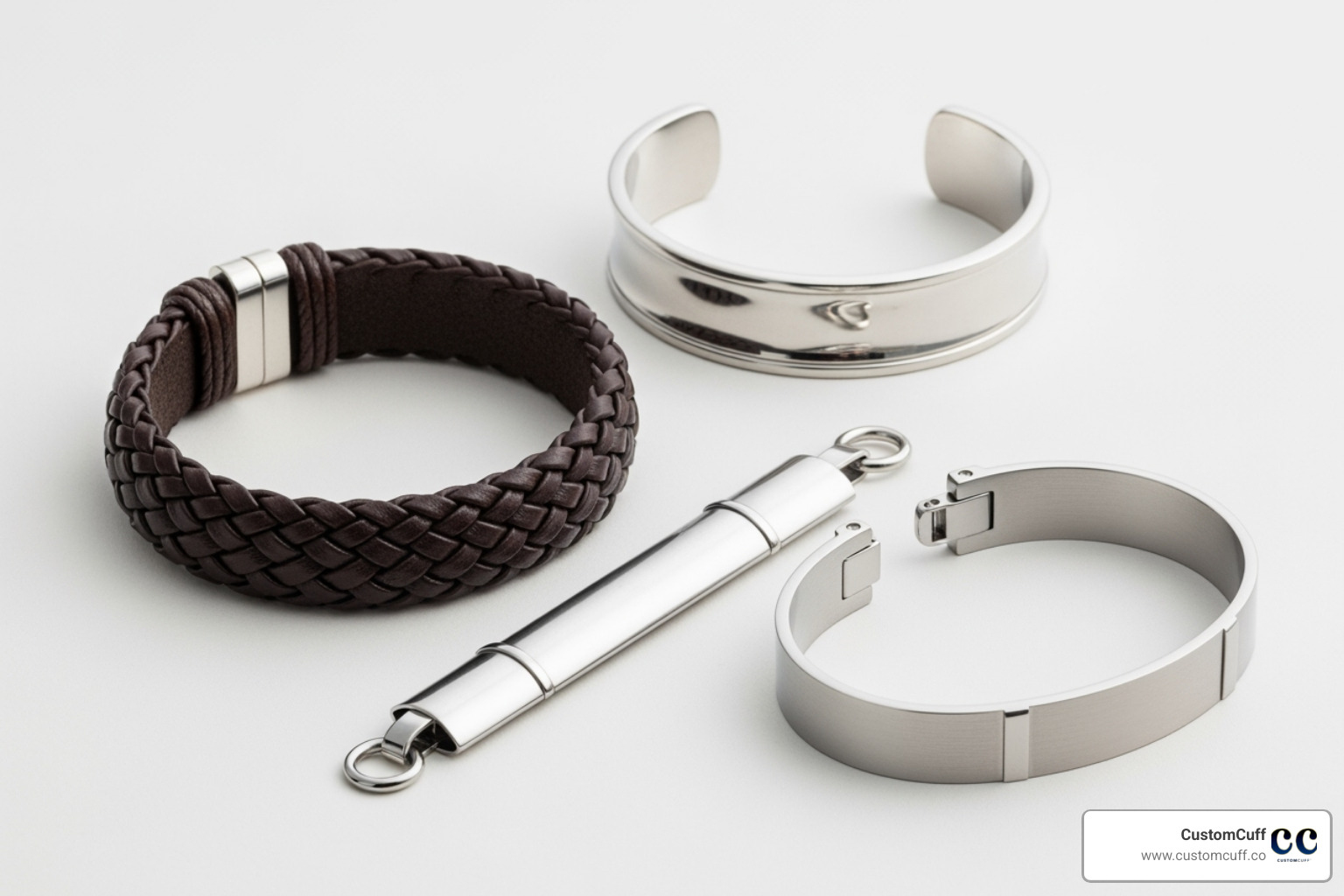 Flat lay of customized bracelets for guys in leather, silver and stainless steel
