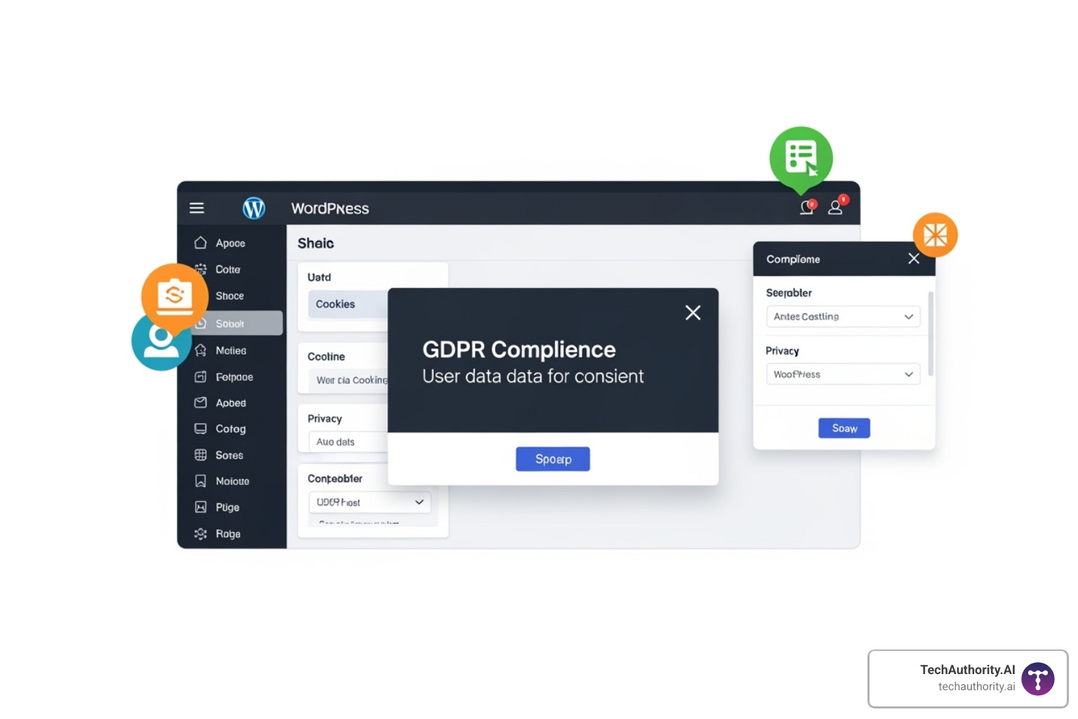 WordPress privacy policy starter text interface showing the built-in template with sections for data collection, usage, and user rights - GDPR compliance for WordPress